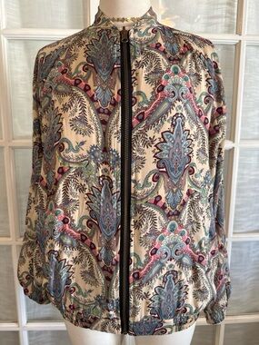 Paisley Zip-Front Women’s Bomber Jacket - Beige/Blue